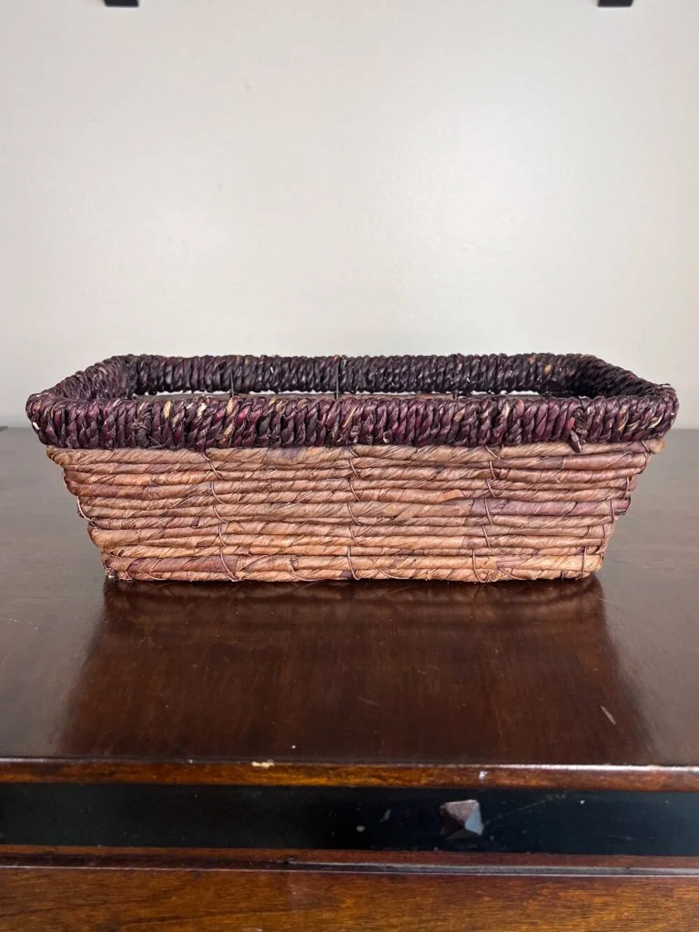 Small Rectangle Rattan Storage Basket Dark Brown 10in Width